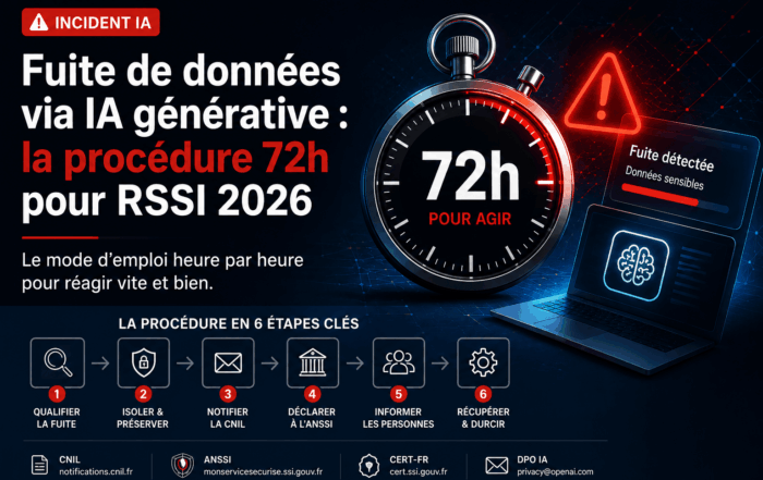 fuite de données via IA générative avec procédure de réponse en 72h pour RSSI et étapes de cybersécurité.