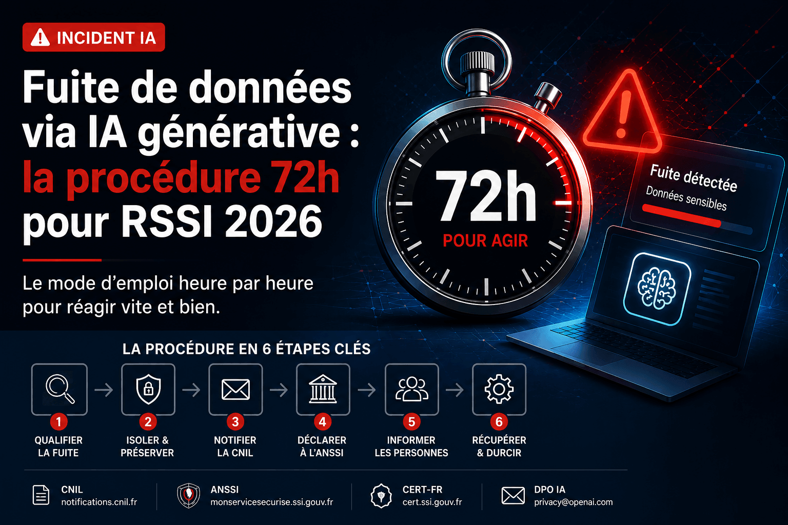 fuite de données via IA générative avec procédure de réponse en 72h pour RSSI et étapes de cybersécurité.